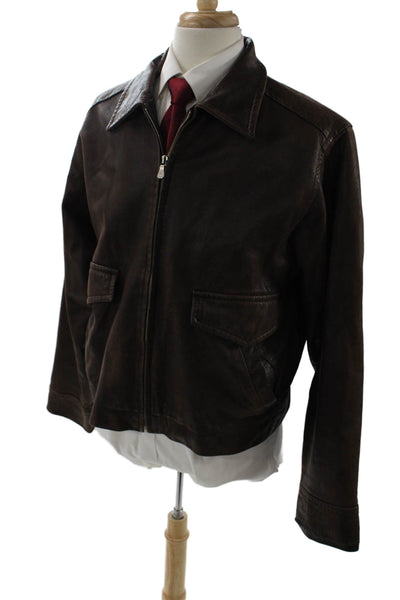 Calvin Klein Jeans Mens Bomber Jacket Brown Genuine Leather Zip Collared Size XL