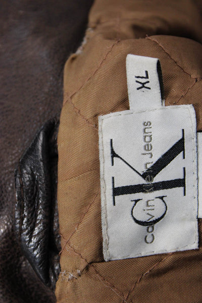 Calvin Klein Jeans Mens Bomber Jacket Brown Genuine Leather Zip Collared Size XL