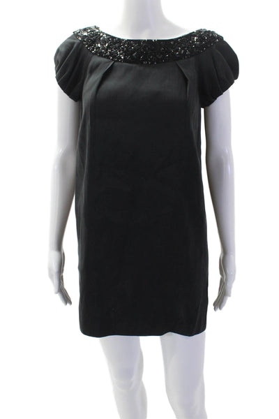 Marchesa Notte Womens Black Silk Shift Dress Short Sleeve Knee Length Size 4