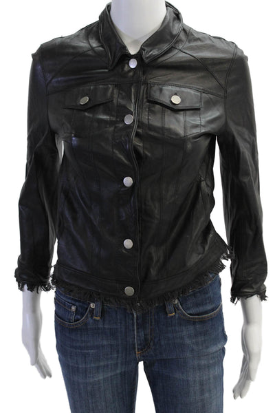 JKT Womens Biker Leather Jacket Black Collared 3/4 Sleeve Size XS