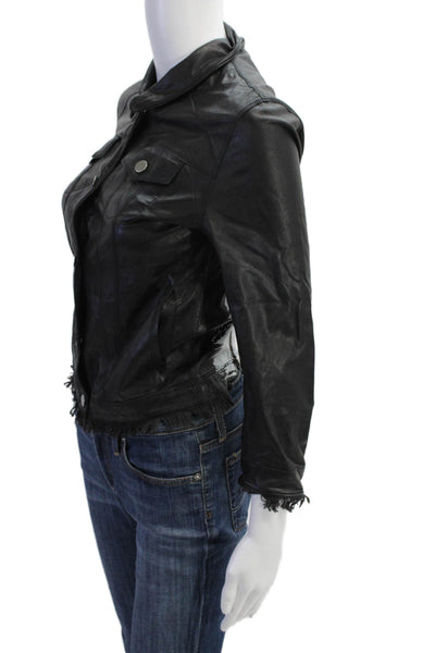 JKT Womens Biker Leather Jacket Black Collared 3/4 Sleeve Size XS