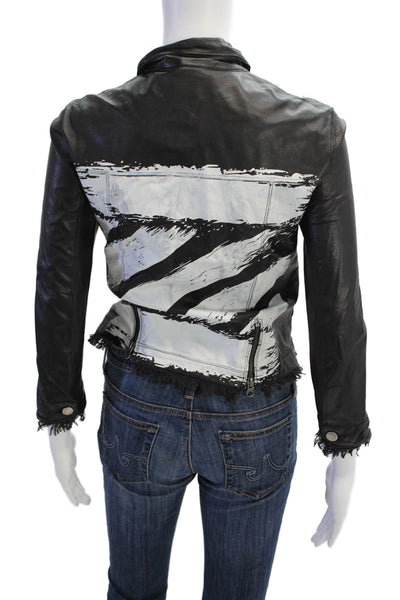 JKT Womens Biker Leather Jacket Black Collared 3/4 Sleeve Size XS