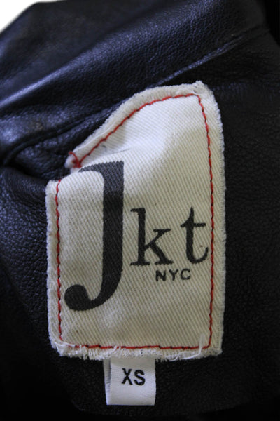 JKT Womens Biker Leather Jacket Black Collared 3/4 Sleeve Size XS