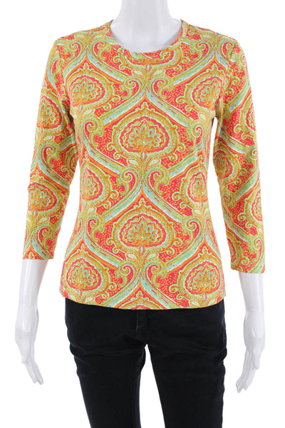J. Mclaughlin, Womens Jersey Paisley 3/4 Sleeve Crew Neck Green Tee Size S