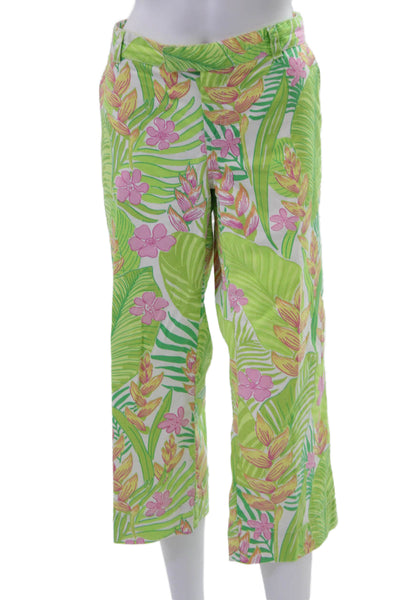 Lilly Pulitzer Women Green Floral Capri Pants 100% Cotton Size 8
