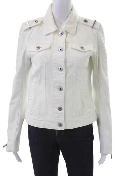 BCBG Max Azria Womens Military Biker Jacket White Cotton-Faux Leather Size S