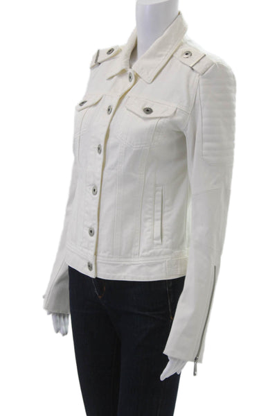 BCBG Max Azria Womens Military Biker Jacket White Cotton-Faux Leather Size S
