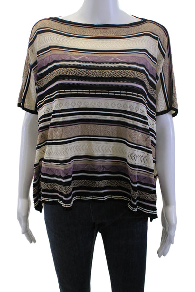 Fuzzi Womens Tunic Blouse Beige Striped Round Neck Short Sleeve Size S