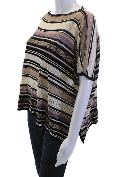 Fuzzi Womens Tunic Blouse Beige Striped Round Neck Short Sleeve Size S