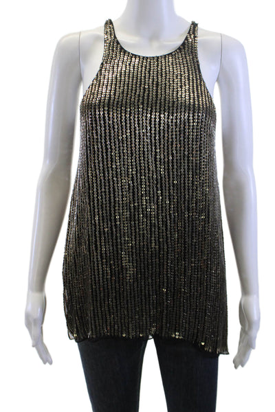 Parker Women Silk Striped High Neck Sleeveless 80s Tunic Button Size S