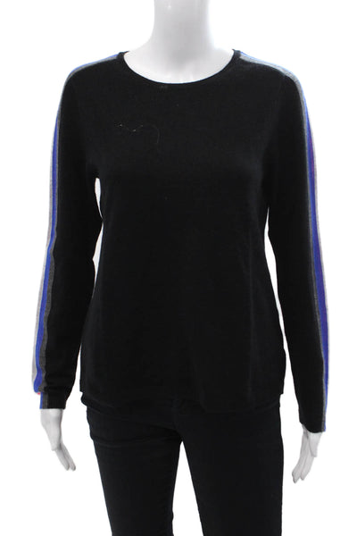 LT Women Black 100% Cashmere Striped Pullover Sweater Crewneck Size S