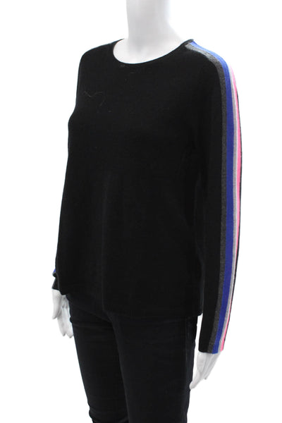 LT Women Black 100% Cashmere Striped Pullover Sweater Crewneck Size S