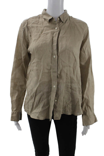 Uniqlo Women Beige 100% Linen Collared Button-Up Long Sleeve Top Size S