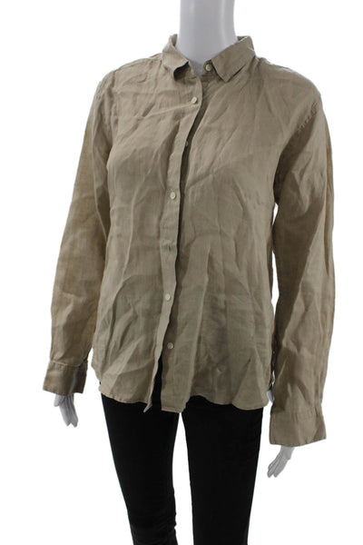Uniqlo Women Beige 100% Linen Collared Button-Up Long Sleeve Top Size S