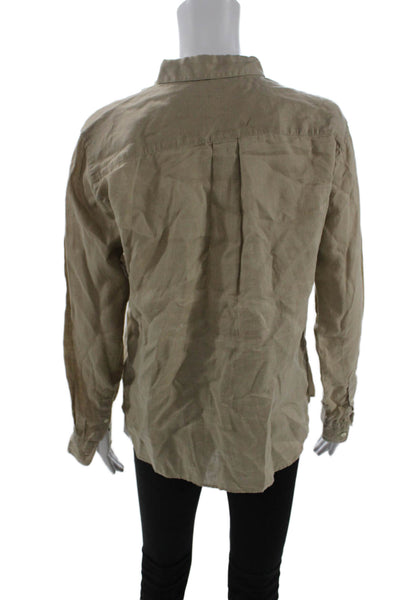 Uniqlo Women Beige 100% Linen Collared Button-Up Long Sleeve Top Size S