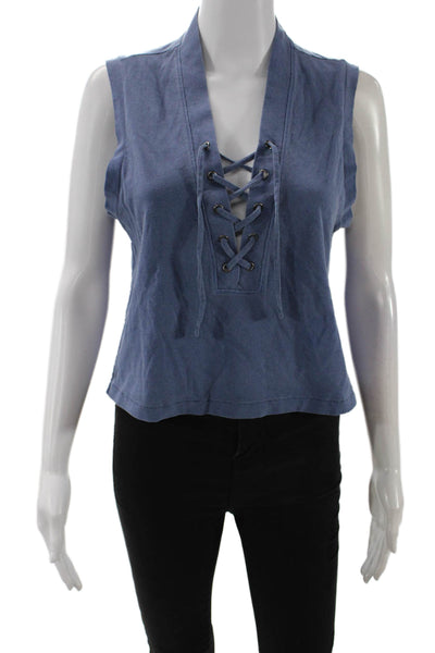 Amo Womens Cropped Tank Blue V-Neck Lace Up Cotton Sleeveless 90s Size S