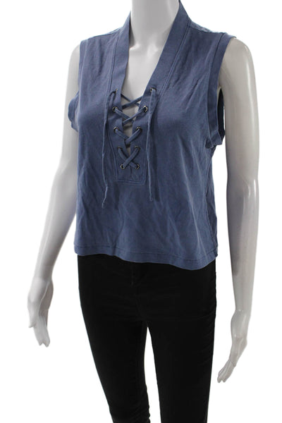 Amo Womens Cropped Tank Blue V-Neck Lace Up Cotton Sleeveless 90s Size S