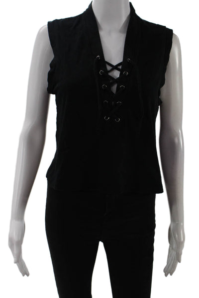 Amo Women Cropped Black Cotton V-Neck Tank Gothic Lace-Up Size S