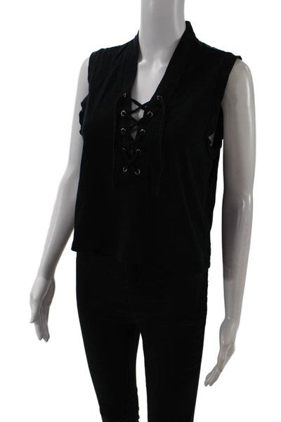 Amo Women Cropped Black Cotton V-Neck Tank Gothic Lace-Up Size S