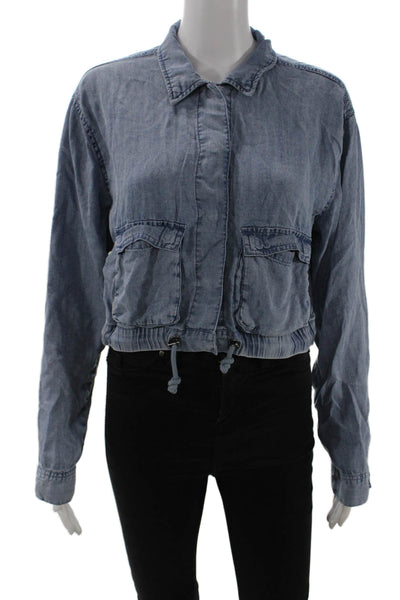 Splendid Women Blue Lyocell Windbreaker Collared Drawstring Long Sleeve Size S