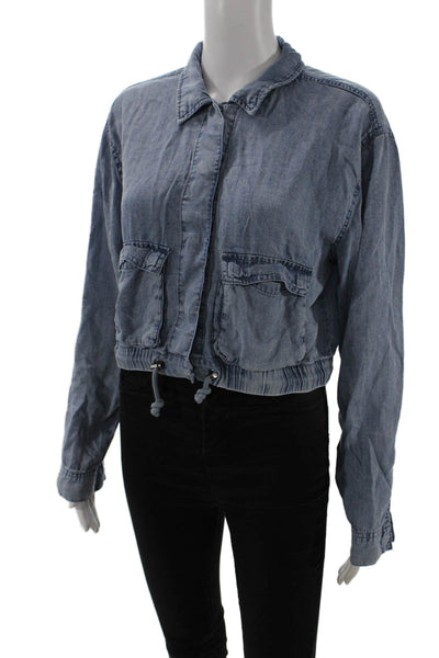 Splendid Women Blue Lyocell Windbreaker Collared Drawstring Long Sleeve Size S