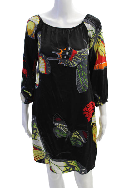 Julian Chang Women Shift Dress Silk Black Graphic Butterfly 3/4 Sleeve Size S