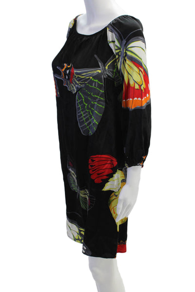 Julian Chang Women Shift Dress Silk Black Graphic Butterfly 3/4 Sleeve Size S