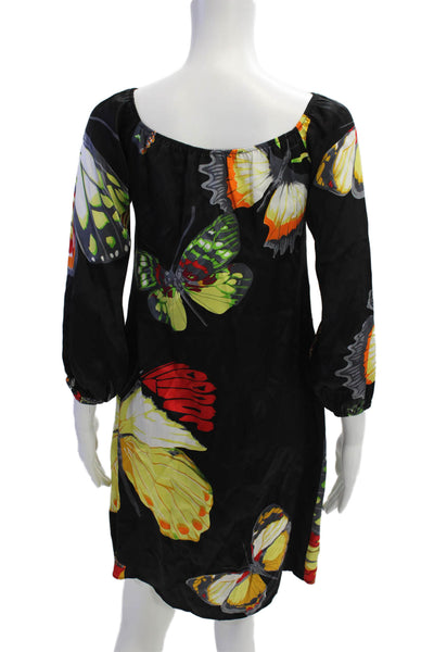 Julian Chang Women Shift Dress Silk Black Graphic Butterfly 3/4 Sleeve Size S