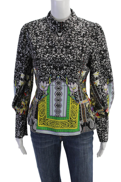Gracia Womens Black Floral Mock Neck Long Sleeve Zip Blouse Size S