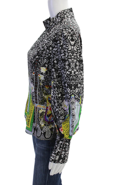 Gracia Womens Black Floral Mock Neck Long Sleeve Zip Blouse Size S