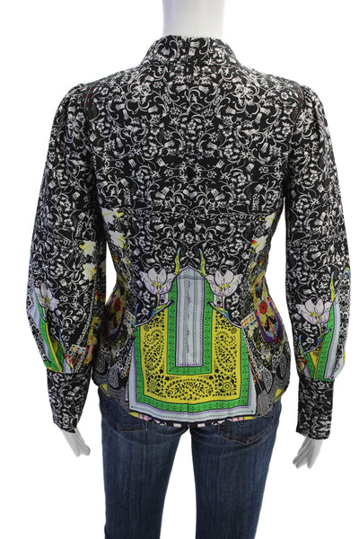 Gracia Womens Black Floral Mock Neck Long Sleeve Zip Blouse Size S
