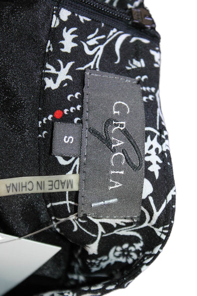 Gracia Womens Black Floral Mock Neck Long Sleeve Zip Blouse Size S