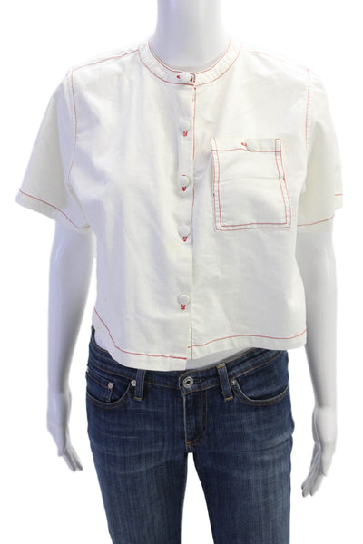 Cecile Womens Cropped Button-Up Blouse White High Neck Short Sleeve Size S