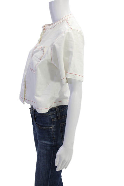 Cecile Womens Cropped Button-Up Blouse White High Neck Short Sleeve Size S