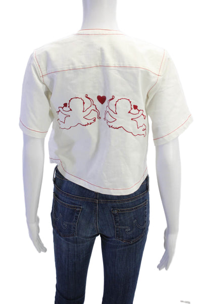 Cecile Womens Cropped Button-Up Blouse White High Neck Short Sleeve Size S