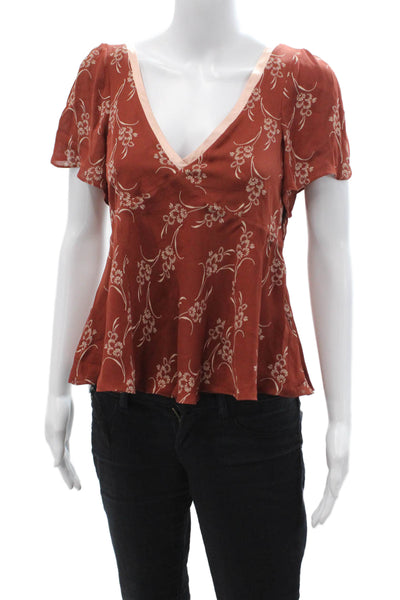Cinq A Sept Women Brown Silk Floral V-Neck Tie Short Sleeve Blouse Size XS
