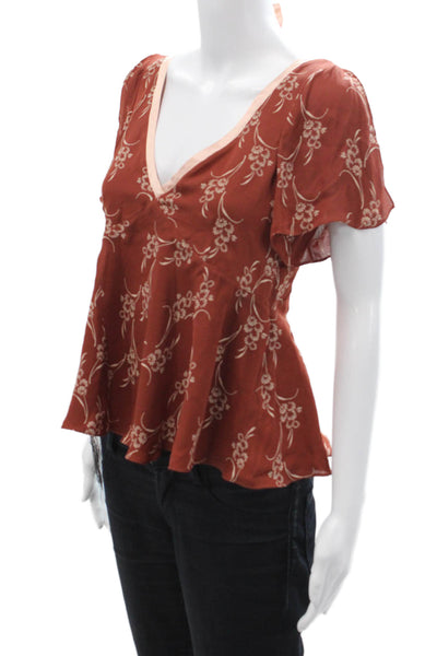 Cinq A Sept Women Brown Silk Floral V-Neck Tie Short Sleeve Blouse Size XS