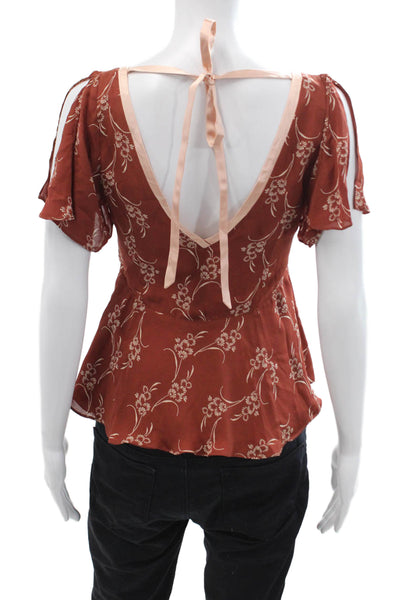 Cinq A Sept Women Brown Silk Floral V-Neck Tie Short Sleeve Blouse Size XS