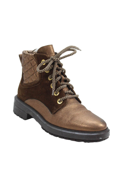 Aquatalia Womens Leather Metallic Lace-Up Ankle Combat Boots Brown Size 7