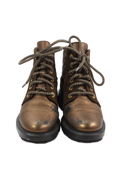 Aquatalia Womens Leather Metallic Lace-Up Ankle Combat Boots Brown Size 7