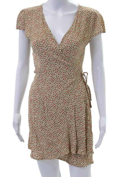 Brandy Melville Women Wrap Mini Floral Beige V-Neck Dress Size One Size