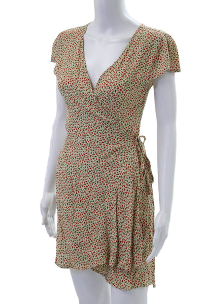 Brandy Melville Women Wrap Mini Floral Beige V-Neck Dress Size One Size