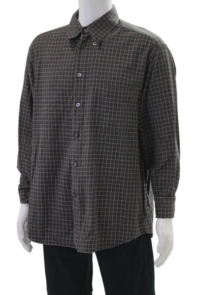 Ermenegildo Zegna Mens Cotton Plaid Print Casual Button Down Gray Size 1X