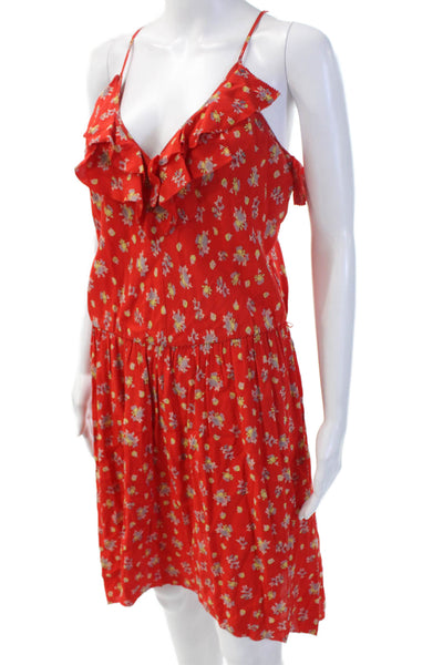 Rebecca Taylor Women Red Floral Sundress V-Neck Sleeveless Polyester Size 1