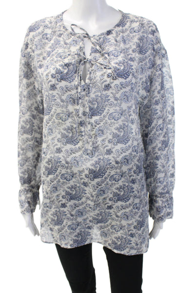 Theory Women Silk Paisley Tunic Blouse Blue Lace-Up Long Sleeve Size M