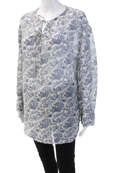 Theory Women Silk Paisley Tunic Blouse Blue Lace-Up Long Sleeve Size M
