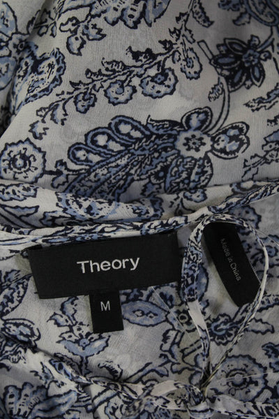 Theory Women Silk Paisley Tunic Blouse Blue Lace-Up Long Sleeve Size M
