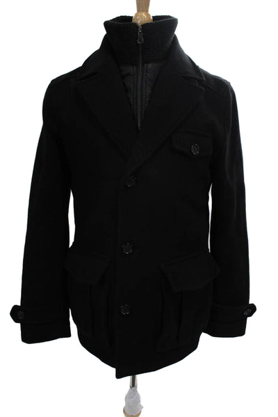 Egara Mens Black Wool Blend Pea Coat High Neck Button Front Size M