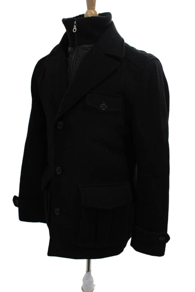 Egara Mens Black Wool Blend Pea Coat High Neck Button Front Size M