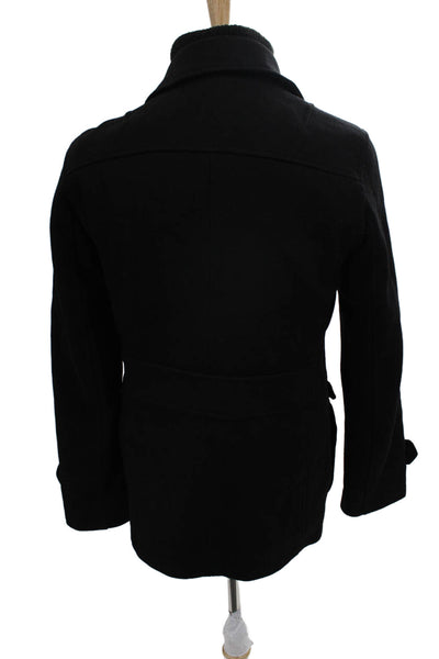 Egara Mens Black Wool Blend Pea Coat High Neck Button Front Size M